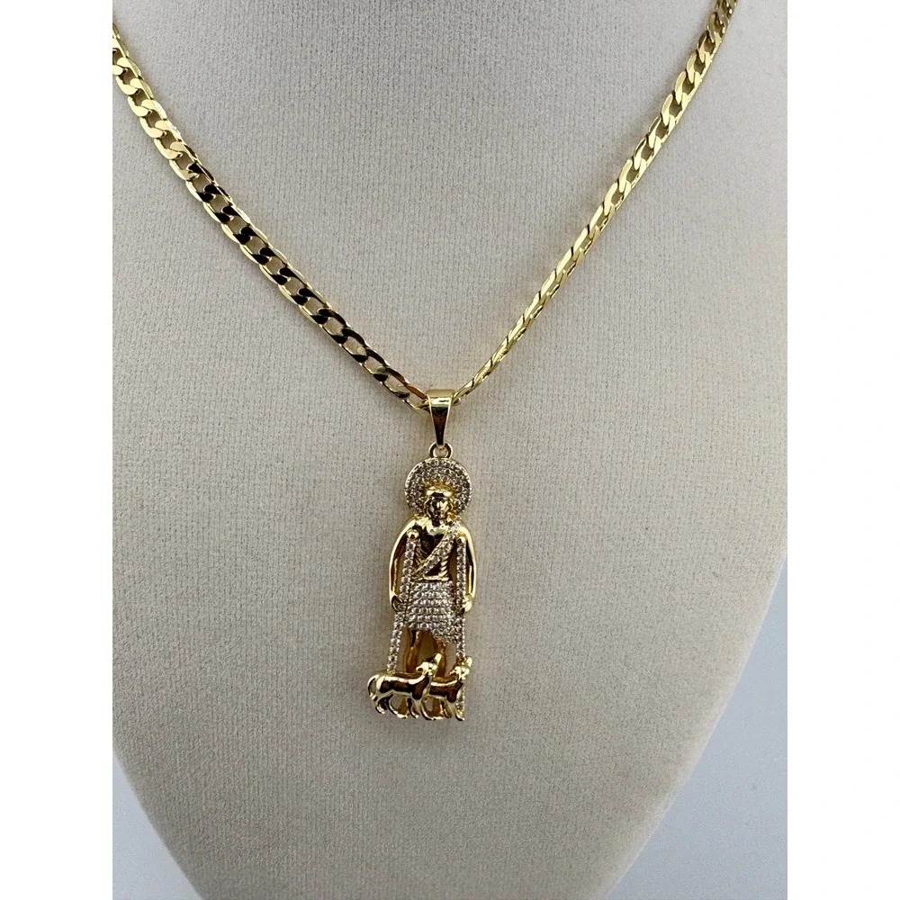 San Lazaro Pendant 14k Gold Plated 24 Inch Curb Chain Necklace Saint Lazarus CZ